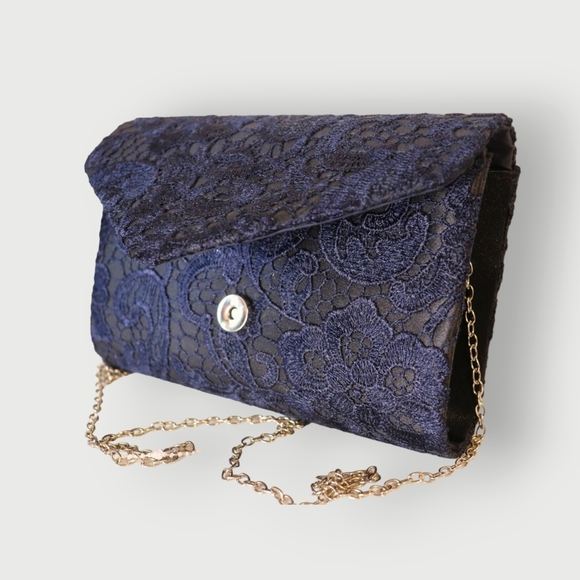 WOMENS ELEGANT FLORAL LACE CLUTCH HAND BAG WITH CHAIN STRAP - Picture 1 of 16